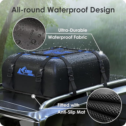 Car Rooftop Cargo Carrier Bag 15 Cubic Feet, 100% Waterproof Heavy Duty Car Roof Bag for All Vehicle with/Without Racks - Anti-Slip Mat, 4 Door Hooks, Storage Bags, 4PCS 3.8CM Straps(Blue)