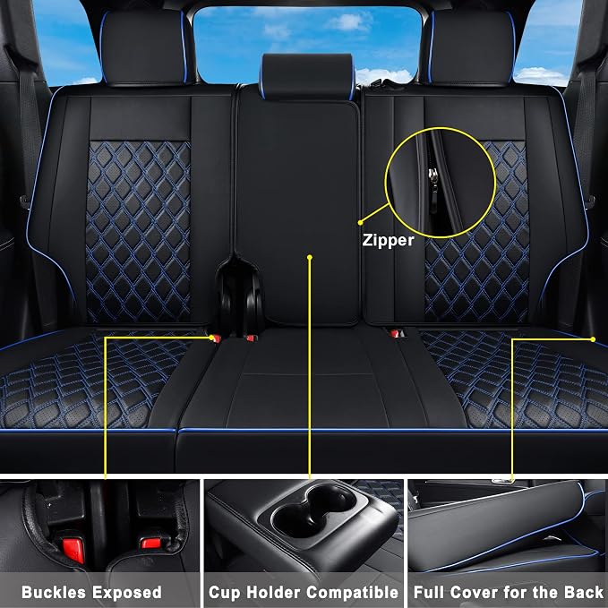 Huidasource Upgrade Grand Cherokee Seat Covers, Full Coverage Waterproof Leather Car Seat Covers, Custom Seat Cushion Protector Fit for Grand Cherokee 2011-2021 (Full Set/Black&Blue)