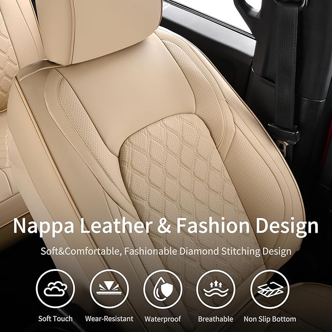Huidasource Tacoma Front Leather Seat Covers, Car Seat Cushion Cover Fit for 3rd Gen Toyota Tacoma 2016-2023 SR SR5 Limited TRD Sport/Pro/Off Road All Cab Front Row (Front Pair/Beige)