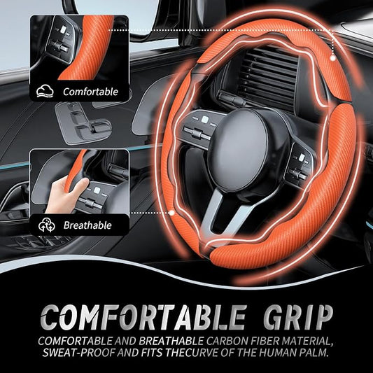 WOCOCN 3pcs Car Steering Wheel Cover,Anti-Skid Carbon Fiber Steering Wheel Protector for Men Women,Multiple Color Options,Universal for Most Car Interiors Accessories (Orange 3PCS)