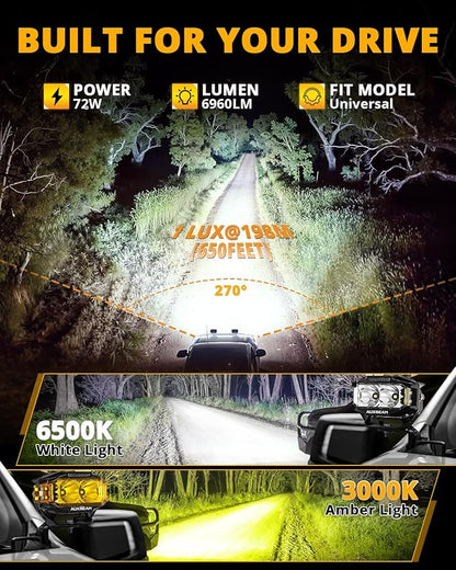 Auxbeam V-MAX Series 4 Inch LED Pod Driving Lights, 72W Rectangle Side Shooter Offroad Cube Spotlights with Amber DRL, 270° Combo Beam 6 Modes White/Amber/Yellow Auxiliary Lights with Covers, Pair