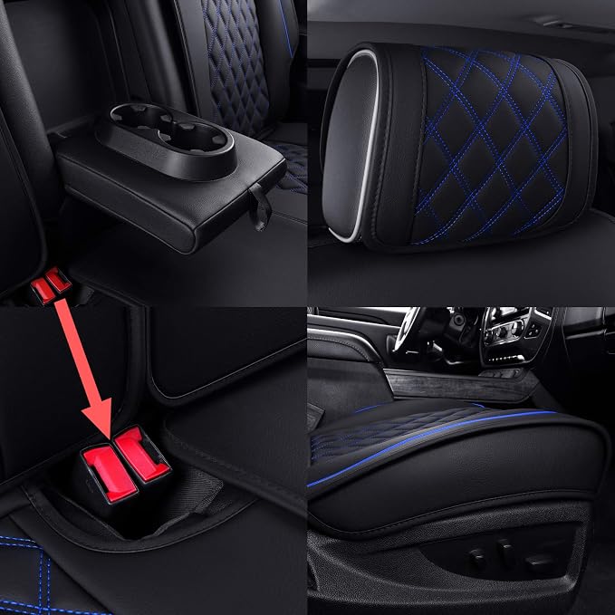Aierxuan Seat Covers for 2007-2026 GMC Sierra Chevy Chevrolet Silverado 1500 2500HD 3500HD Trail Boss Z71 Crew Double Extended Cab Waterproof Leather Truck Pickup Cuchion(Full Set, Black-Blue)