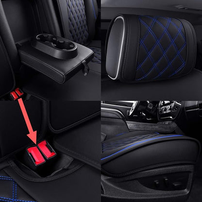 Aierxuan Seat Covers for 2007-2026 GMC Sierra Chevy Chevrolet Silverado 1500 2500HD 3500HD Trail Boss Z71 Crew Double Extended Cab Waterproof Leather Truck Pickup Cuchion(Full Set, Black-Blue)