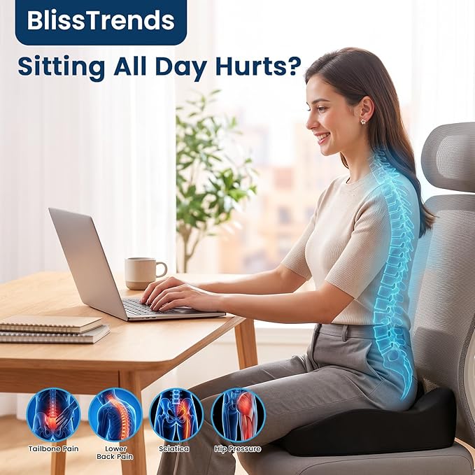 BlissTrends Seat Cushion with Velvet Cover, Thick Memory Foam Cushions for Office Chair, Car Seat, Airplane, Relieving Pressure Tailbone Sciatica Back Pain for Long Sitting, Car Drivers 4.7in Black