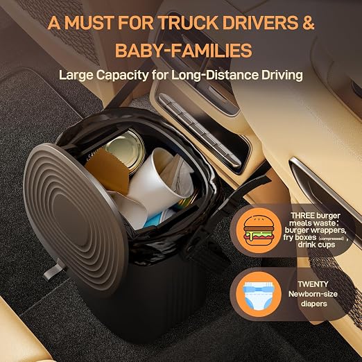 Waretary Trash Can for Car Garbage: Leakproof Silicone Car Waste Bin w/Lid for Drivers and Passengers; 2 Gallon Garbage Container for Vehicle, Sedan, SUV, Van, MPV & Truck (Black)
