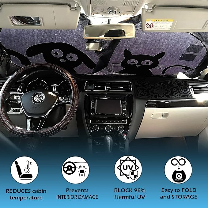 Car Windshield Sunshade with Pet Design, Cute Dog & Cat Cartoon Front Windshield Sun Shade Foldable Sunshade Blocks Heat UV Rays, Protect Interior Keep Cool, Fits Cars SUV Truck - Medium