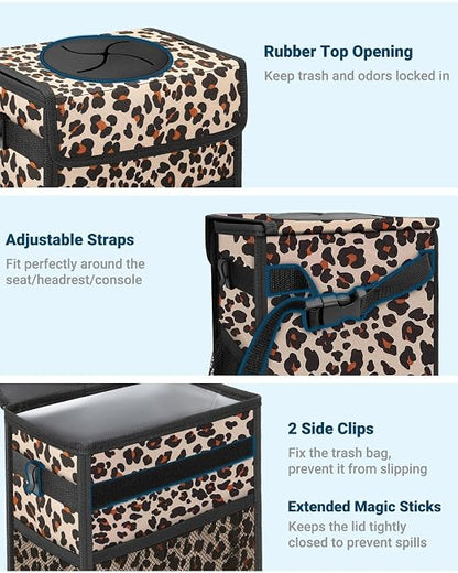 Capolo Car Trash Can with Lid, Leakproof Car Trash Bag Hanging Waterproof Automotive Garbage Can with Storage Pockets Mini Vehicle Trash Bin for Back/Front Seat(Leopard,3 Gallon)