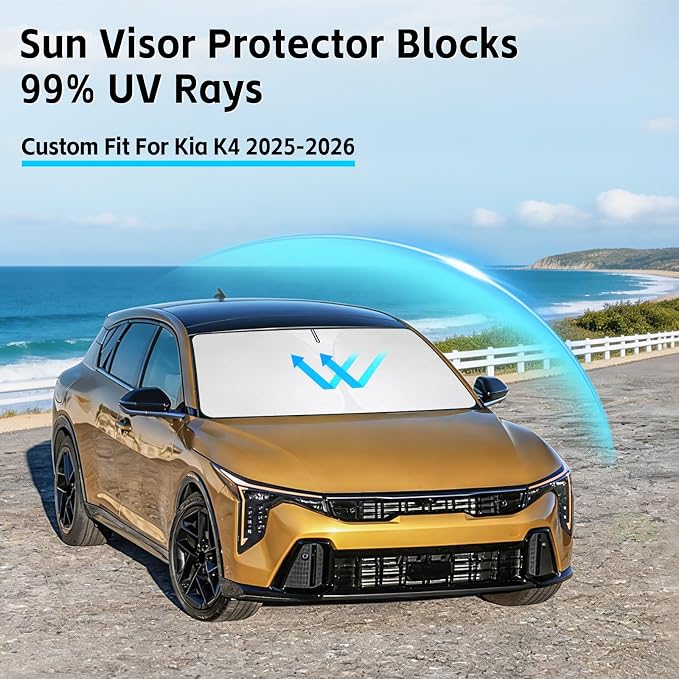 Windshield Sun Shade for Kia K4 2025 2026 Sunshade 300T Windshield Cover Shield Protector Blocks UV Rays Custom Fit K4 Front Window Shades Windshield Accessories Keep Cool Foldable