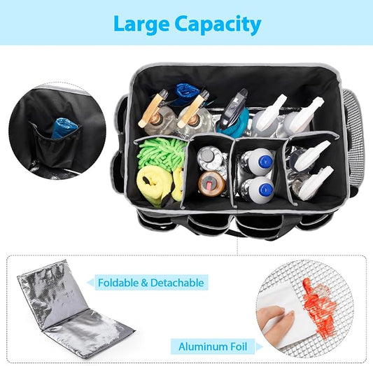 HODRANT Extra-Large Wearable Cleaning Caddy, Organizer Bag for Products, Housekeeper Tote With Pad, Handle & Divider, Car Wash Tools Bag for Detailing Supplies, Gray Edge