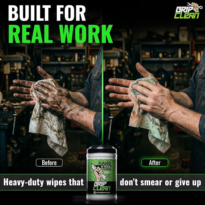 Grip Clean Heavy Duty Hand & Tool Cleaning Wipes – Waterless Hand Cleaner for Mechanics, Garage & Shop Use – Dual-Sided Grease, Oil & Paint Remover Wipes with Citrus Scent - 72ct (6 Pack)