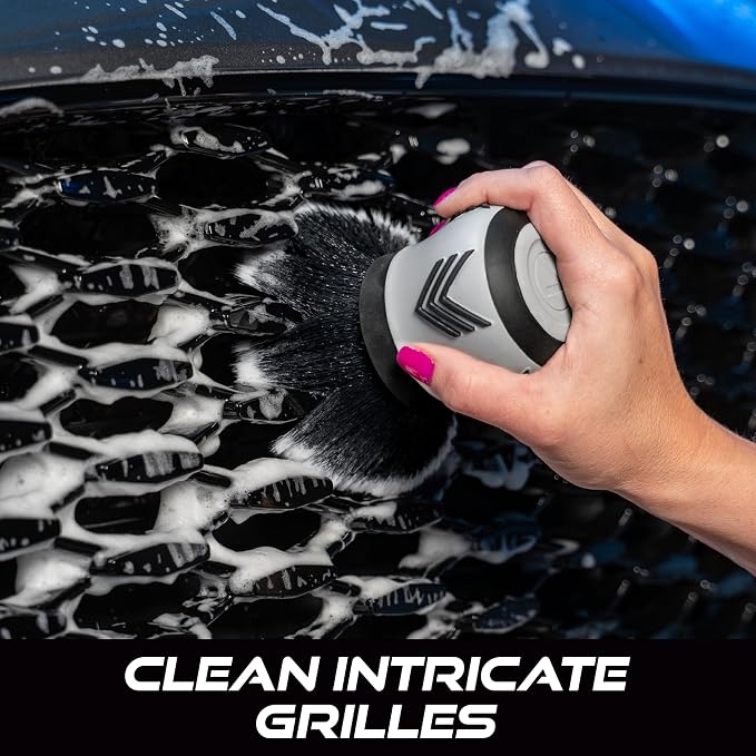 VIKING Car Cleaning Brush for Car Detailing Kit, Super-Soft Bristles for Interior Detail and Cleaning, 5 Inch Diameter, Black/Grey, Storage Stand Included
