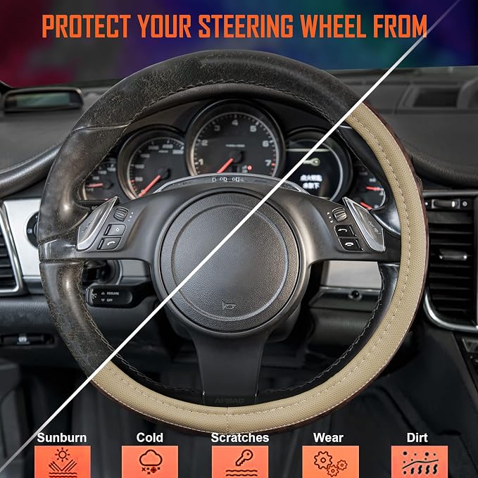 CAR PASS Wood Grain 14.5-15 inch Microfiber Leather Steering Wheel Cover, Anti-Slip Veins Design Steering Wheel Universal Fit for Most Cars, Sedans, SUV， Beige