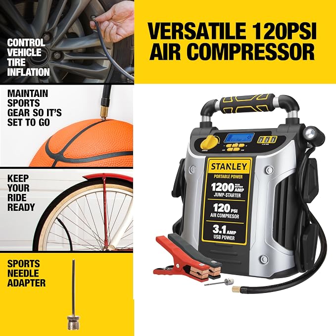 Stanley J5C09D 1200 Peak Amp Automotive Jump Starter, Portable Power – 2.1A/10W USB Port, 120 PSI Air Compressor