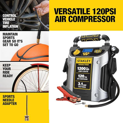 Stanley J5C09D 1200 Peak Amp Automotive Jump Starter, Portable Power – 2.1A/10W USB Port, 120 PSI Air Compressor