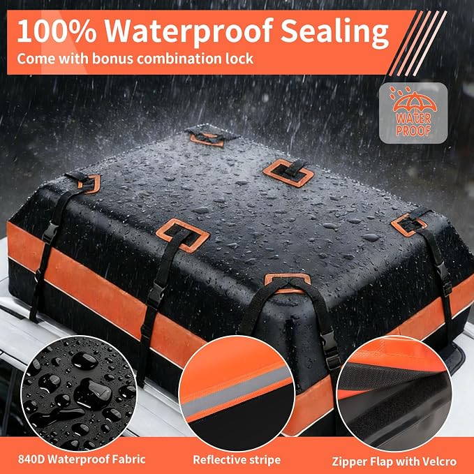 20 CuFt Car Rooftop Cargo Carrier Bag, 100% Waterproof Heavy Duty Car Roof Top Carrier for All Vehicles with/Without Racks, Includes Anti-Slip Mat, 10 Reinforced Straps, Lock & 6 Door Hooks