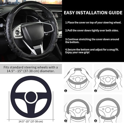 PU Leather Car Steering Wheel Cover with Anti-Slip Grip, for Women and Men, Universal Fit for 14.5-15 Inch Cars, Trucks, SUVs (Black (Round), Medium(Standard) Size[14 1/2''-15''])
