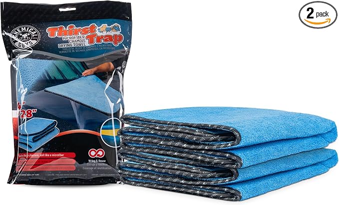 Chemical Guys Thirst Trap Microfiber Chamois Towel, Safe for Cars, Trucks, SUVs, RVs, Motorcycles, & More, 24"x28" (Blue) 2 Pack