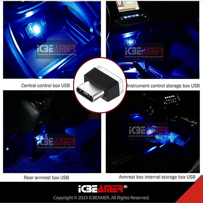 ICBEAMER Type C Adapters Atmosphere Light 1-Pack (Blue) | Universal Plug-in Miniature LED Night Light for Car Interior and Trunk Ambient Lighting, Easy Installation, Energy Efficient