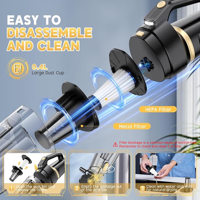 JONYJ Handheld Vacuum Cordless, 16000PA Strong Suction Hand Held Car Vacuum Cleaner, Portable Hand Vacuum Rechargeable with Multi-Nozzles & LED Light for Home, Car, Office, Pets