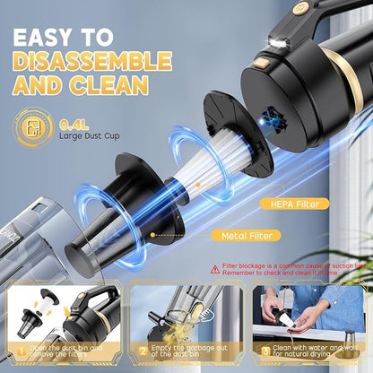 JONYJ Handheld Vacuum Cordless, 16000PA Strong Suction Hand Held Car Vacuum Cleaner, Portable Hand Vacuum Rechargeable with Multi-Nozzles & LED Light for Home, Car, Office, Pets