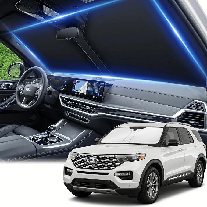 Windshield Sun Shade for Ford Explorer 2020-2024 2025 2026 Window Shade Custom Fit Explorer Accessories SUV ST XLT, Limited, Platinum Sun Visor Foldable Shade Blocks UV Rays