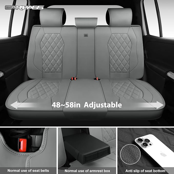 CAR PASS Luxury Nappa Leather Seat Covers Full Set, 3D Rhombus Waterproof Faux Leather Seat Covers, Universal Automotive Seat Cushion Fit for Most Sedan SUV Truck Van, Armrest Airbag Compatible Gray