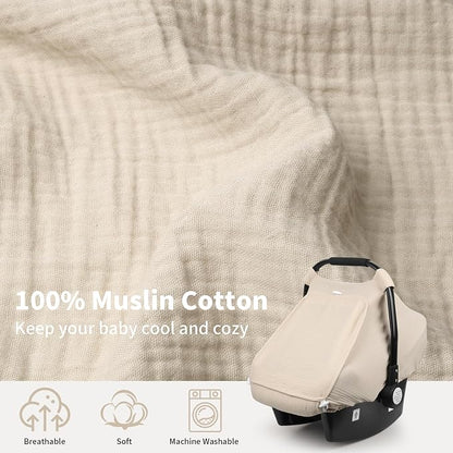 Rquite Car Seat Cover Baby, Carseat Covers Girl Boy, Breathable Muslin Cotton, Large Mesh Window, Infant Car Seat Canopy Baby Carrier Cover Stroller Sun Shade for Summer & Hot Day, Beige