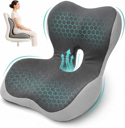 PEGZONE Seat Cushion & Ergonomic Lumbar Support Pillow Memory Foam Cushion for Office Chair, Car, Wheelchair – Orthopedic Pain Relief Cushion for Back, Sciatica, Tailbone, Butt - Gray