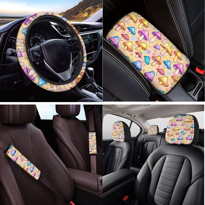Cute Mushroom Car Seat Covers Full Set for Women,Auto Steering Wheel Cover Armrest Cushion Head Rest Protector Seat Belt Covers with Keychain,Universal Fit Cars SUV Trucks,14 Pack,Yellow