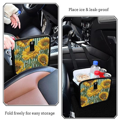 Car Trash Can Organizer Bin with Adjustable Strap for Back Front Seat Console Waterproof Leakproof Collapsible Portable 11 Inch Green Striped Sunflowers and Honey Bees