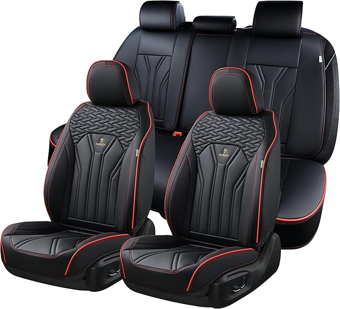 FLORICH Leather Seat Covers, Seat Covers Full Set, Car Seat Protectors 5 Seats, Automotive Seat Covers Fit for Most Cars Trucks SUV-Black&Red Line