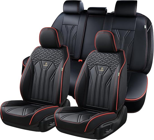 FLORICH Leather Seat Covers, Seat Covers Full Set, Car Seat Protectors 5 Seats, Automotive Seat Covers Fit for Most Cars Trucks SUV-Black&Red Line