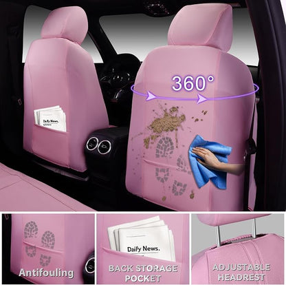 CAR PASS Pink Leather Seat Covers Full Set, Water Resistant 3D Foam Faux Leather Seat Cover, Luxury Comfort Automotive 5 Seat Covers Cute for Women Girly, Universal Fit SUV, Vans, Trucks, All Pink