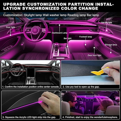 Acrylic Interior Car LED Strip Light with Wireless APP, 14 in 1 with 175 inches 593 LEDs Neon LED Strip Light, RGB Colors Dynamic Music Sync Car Ambient Lighting Kits