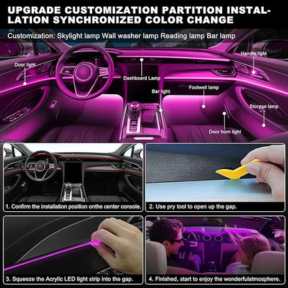 Acrylic Interior Car LED Strip Light with Wireless APP, Car Accessories 6 in 1 with 175 inches 593 LEDs Fiber Optic Ambient Lighting Kits, RGB Dynamic Music Sync Neon LED Strip Light for Car