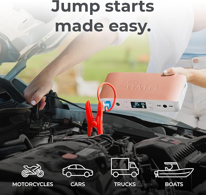 HALO Bolt Air 58830 Portable Car Battery Jump Starter | 100 PSI Air Compressor, 58.8Wh USB Power Bank, Emergency Floodlight & Charger, Jump Cars SUVs & Trucks, Inflate Tires, TSA Approved — Rose Gold