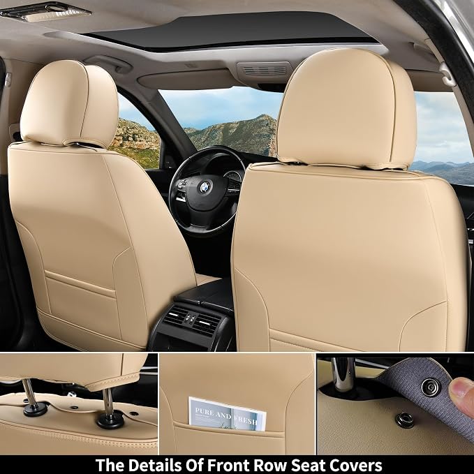 Coverado Front and Back Seat Covers for Cars, Nappa Leather Car Seat Covers, Automotive Seat Covers for Trucks, 5 Seats Waterproof Carseat Protector Car Seat Cover Beige, Universal Fit for Most Cars