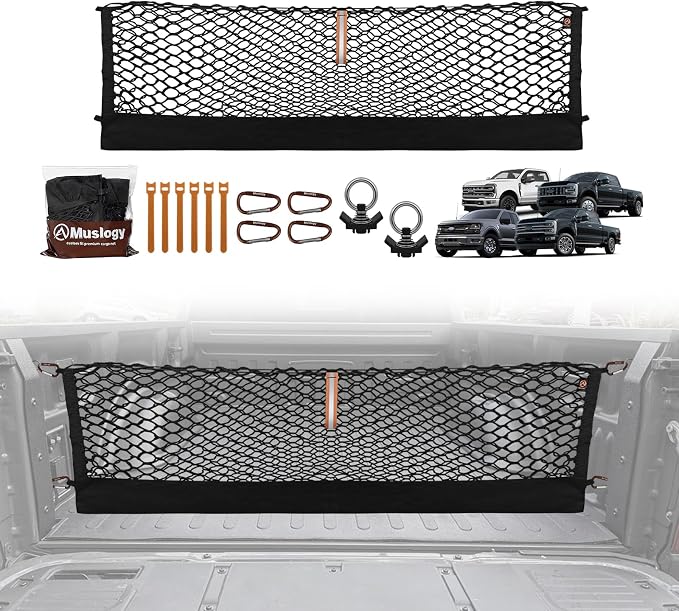 Muslogy Truck Bed Cargo Net Trunk Netting Compatible with 2015+ Ford F150 & 2017+ F250/F350/F450 (Snap-in Tie Down) Accessories, Pickup Cargo Organizer SUV Sedan Storage Net w/Heavy Duty Carabiners