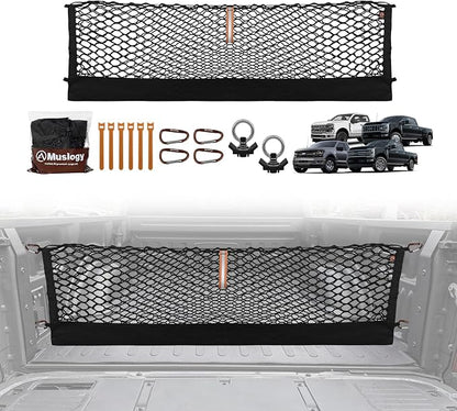 Muslogy Truck Bed Cargo Net Trunk Netting Compatible with 2015+ Ford F150 & 2017+ F250/F350/F450 (Snap-in Tie Down) Accessories, Pickup Cargo Organizer SUV Sedan Storage Net w/Heavy Duty Carabiners