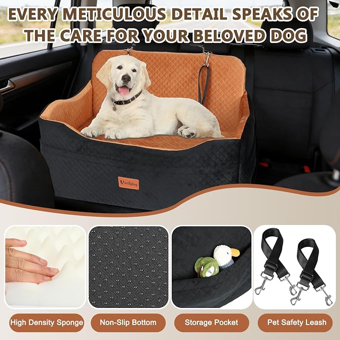 Vivifying Dog Car Seat for Back Seat, Booster Travel Bed for Medium Large Dogs or 2 Small Dogs, 4" Raised Foam Cushion, Safety Leash & Washable Cover, Soft Dog Booster Seat for Cars, Trucks & SUVs