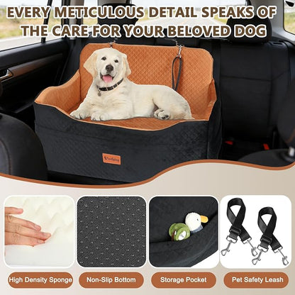 Vivifying Dog Car Seat for Back Seat, Booster Travel Bed for Medium Large Dogs or 2 Small Dogs, 4" Raised Foam Cushion, Safety Leash & Washable Cover, Soft Dog Booster Seat for Cars, Trucks & SUVs