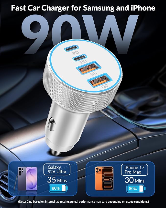 iPhone 17 16 15 Car Charger Fast Charging, 90W 4-Port USB C Fast Car Charger Cigarette Lighter Adapter with 240W 3FT USB-C Cable for iPhone 17/17 Pro/Air/17 Pro Max/16/16 Pro/ 15/15 Pro Max/Plus, iPad