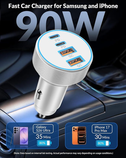 iPhone 17 16 15 Car Charger Fast Charging, 90W 4-Port USB C Fast Car Charger Cigarette Lighter Adapter with 240W 3FT USB-C Cable for iPhone 17/17 Pro/Air/17 Pro Max/16/16 Pro/ 15/15 Pro Max/Plus, iPad