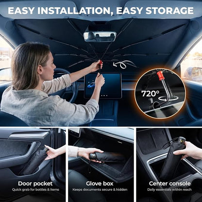DMJN Umbrella Windshield Sun Shade - Large, Car Sunshade for Front Windshield [Nano Ice-Crystal Coatings] UPF50+ Heat & UV Block, Protect Interior & Keep Cooler Universal for Car, SUV, Truck