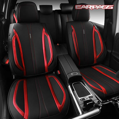 CAR PASS Nappa Leather Car Seat Covers, Durable Waterproof Luxury Universal Seat Covers for SUV Pick-up Truck Sedan, Anti-Slip Driver 5 Seat Covers Full Set with Backrest, Black Metallic Red