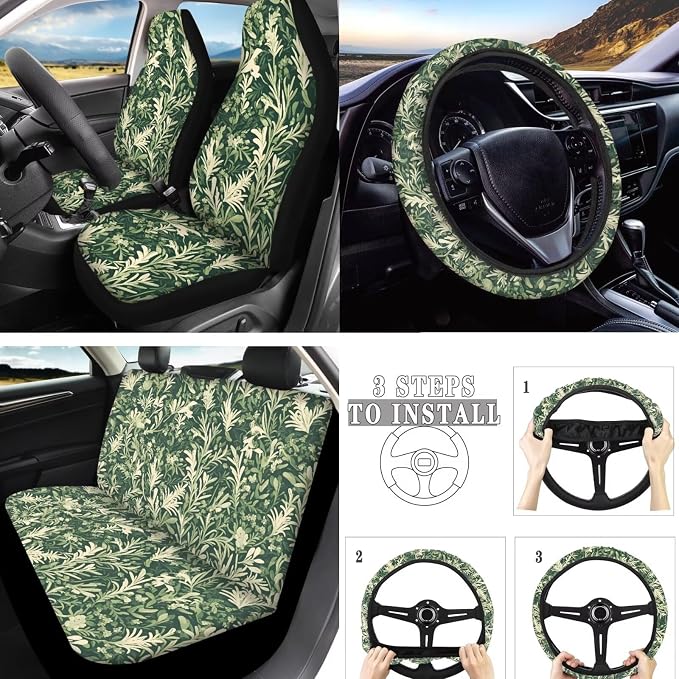 Forest Plant Full Set 10 Pcs Car Seat Covers, Green Plants Automotive Rear Front Seat Protector, Natural Botanical Steering Wheel Cover Universal Fit for SUV