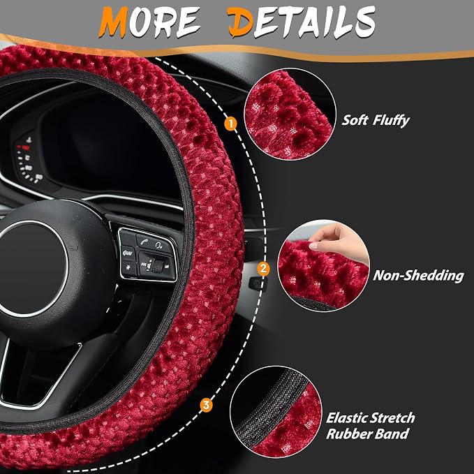 KAFEEK Elastic Short Microfiber Plush Steering Wheel Cover for Winter Warm, Universal 15 inch, Anti-Slip, Odorless, Wine Red