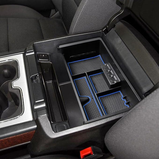 EDBETOS Center Console Organizer Tray Compatible with GMC Sierra 1500 Accessories/Silverado 1500 2014-2018 / Silverado 2500/3500 HD 15-19 /Suburban/Tahoe/Yukon 15-20 Armrest Storage Box (Blue Trim)