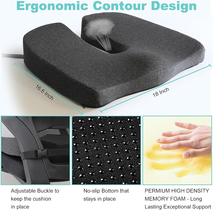 Larger Seat Cushion for Office Chair,10-Inch Extended U-Cutout,18"x16"x3",Coccyx,Sciatica Pain Relief Pillow,Memory Foam Wheelchair Car Seat Cushion,But Pillow Pad for Pressure Relief,Dark Grey