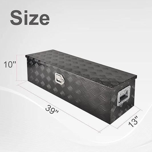 39 Inch Aluminum Heavy Duty Truck Bed Tool Box Truck Car Outdoor Trailer Pickup Toolbox, RV Storage Organizer Trailer Storage Tool Box w/Lock & Keys, 5 Bar Tread, Black (39"X13"X10")